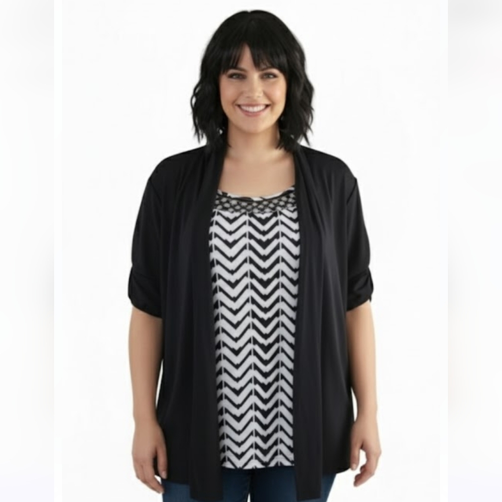 Candalite beaded top with integrated black cardigan, plus size 2X